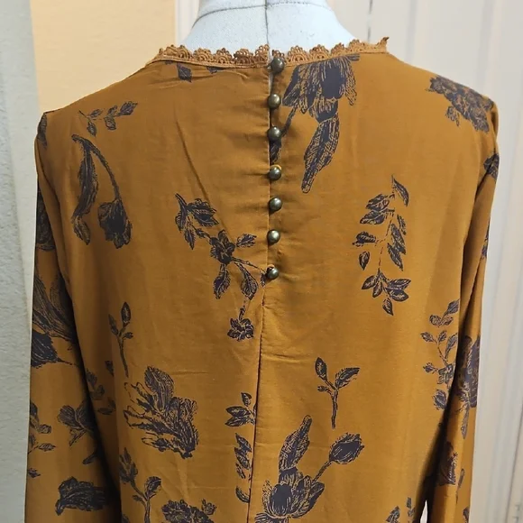 Altar'd State Golden and Blue Floral Long Sleeve Boho Dress with Crotchet Detail - Picture 6 of 8